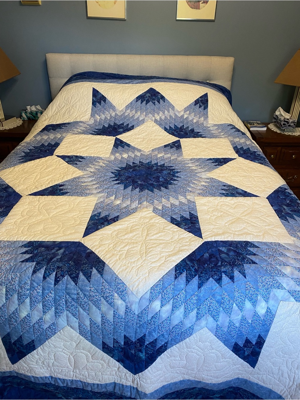Handmade Blue Star Quilted Bedspread - Unbranded